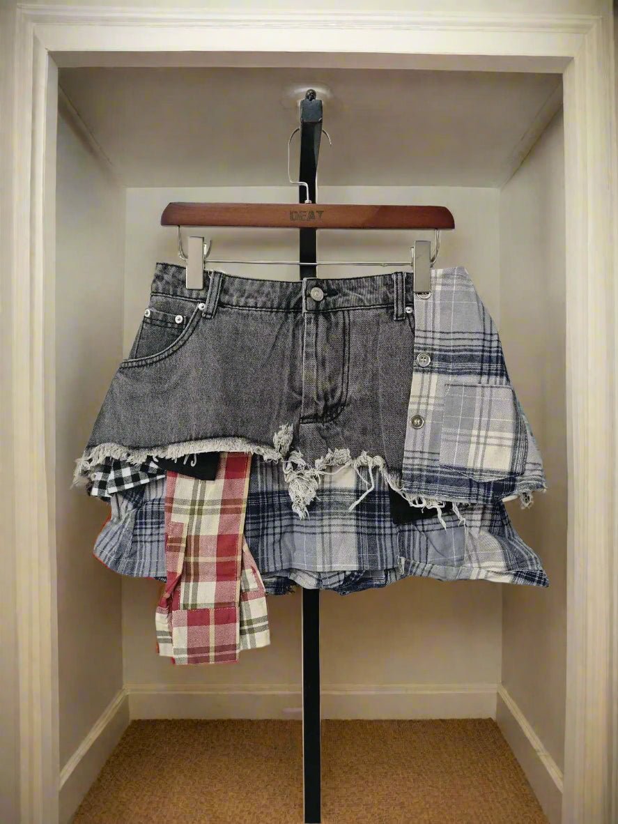 Plaid Patchwork Denim Mini Skirt - HalleBeauty